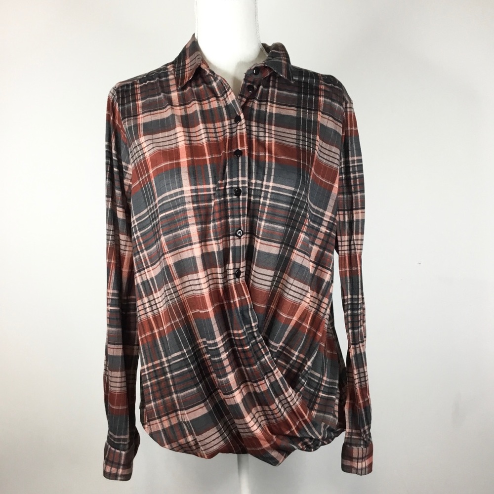 Plaid button down faux wrap top